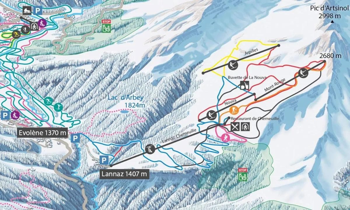 Evolène complete trail map showing all ski runs and lifts