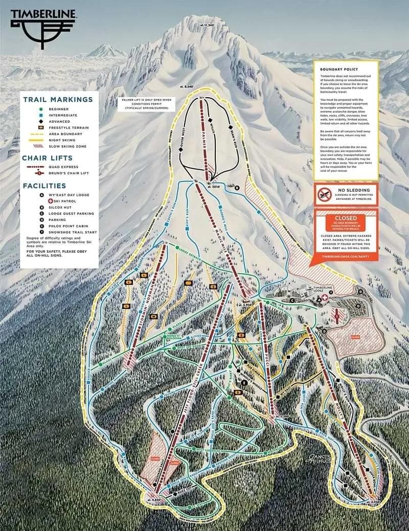 Timberline Lodge complete trail map showing all ski runs and lifts