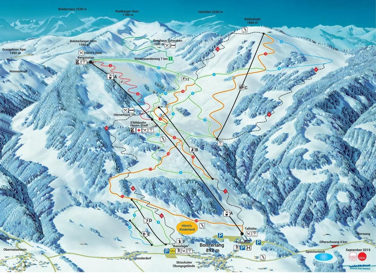 Hörnerbahn – Bolsterlang complete trail map showing all ski runs and lifts