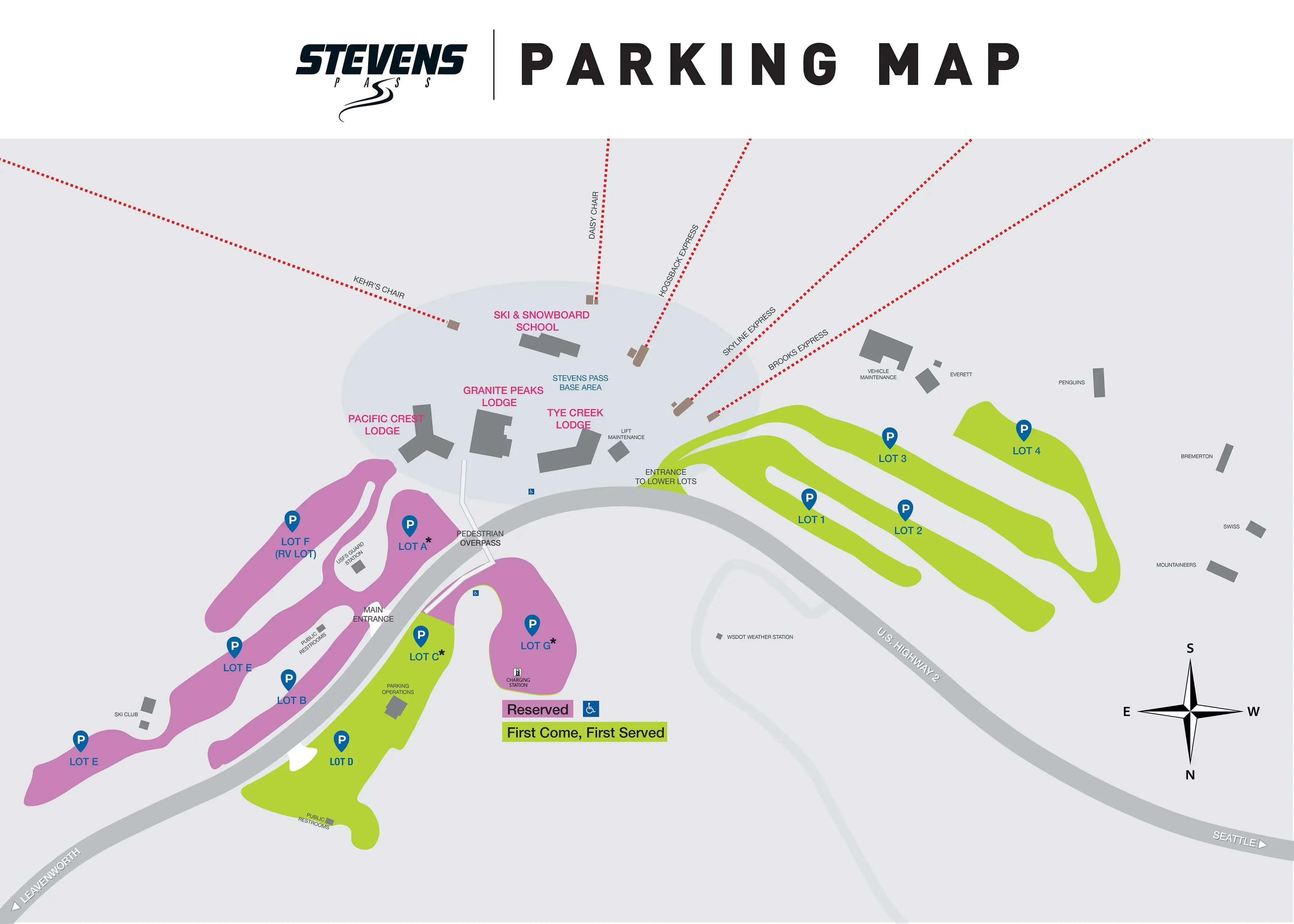 The base map of Stevens Pass which shows the current parking locations.