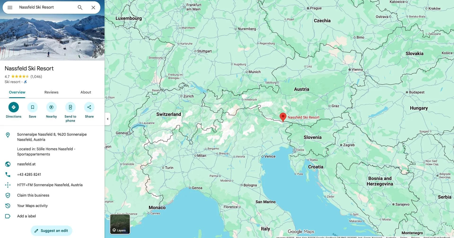 The location of Nassfeld ski resort in Austria.