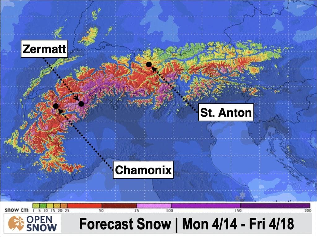 Weather map of the Alps showing the regions which will get the most snow.