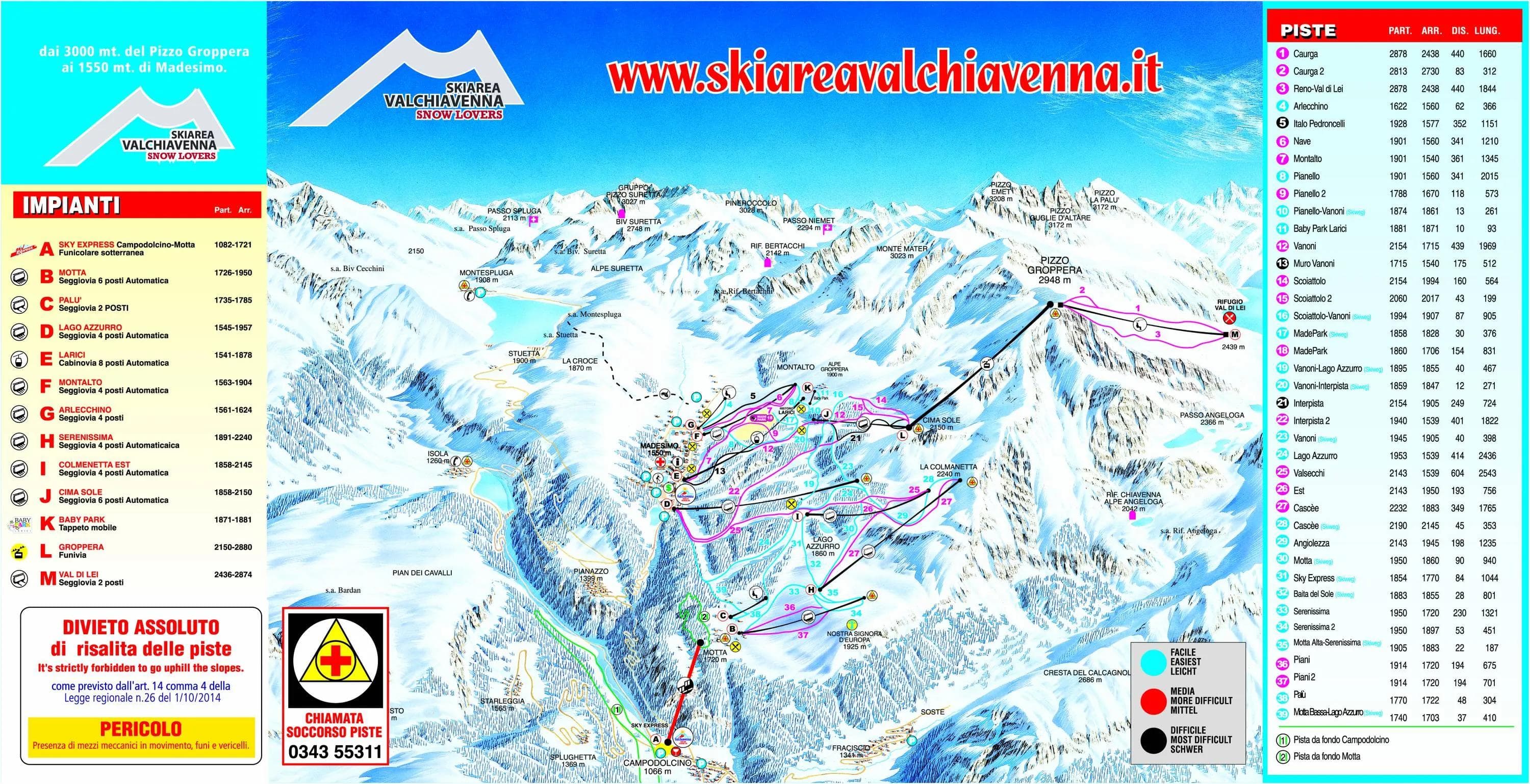 Valchiavenna complete trail map showing all ski runs and lifts