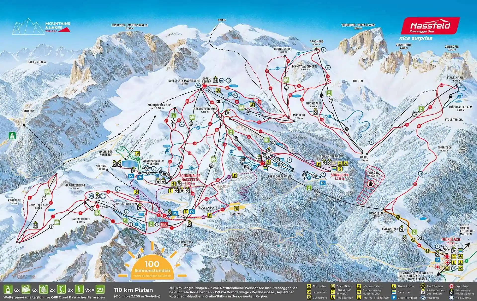 The trail map at Nassfeld ski resort in Austria.