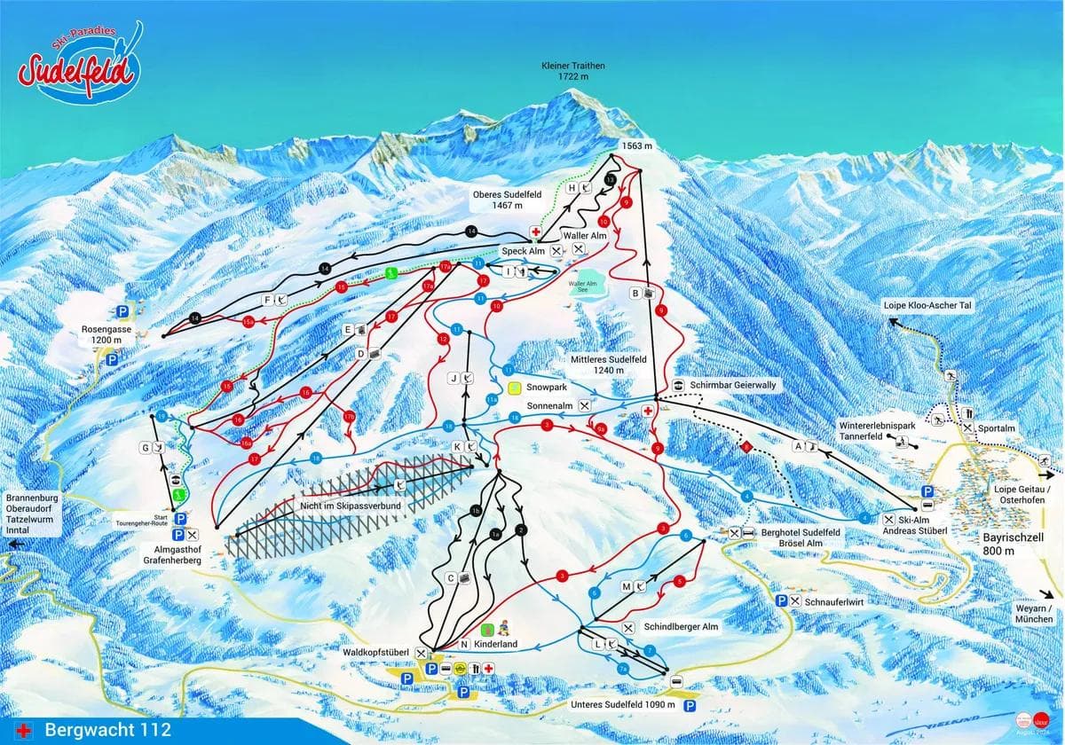 Sudelfeld – Bayrischzell complete trail map showing all ski runs and lifts