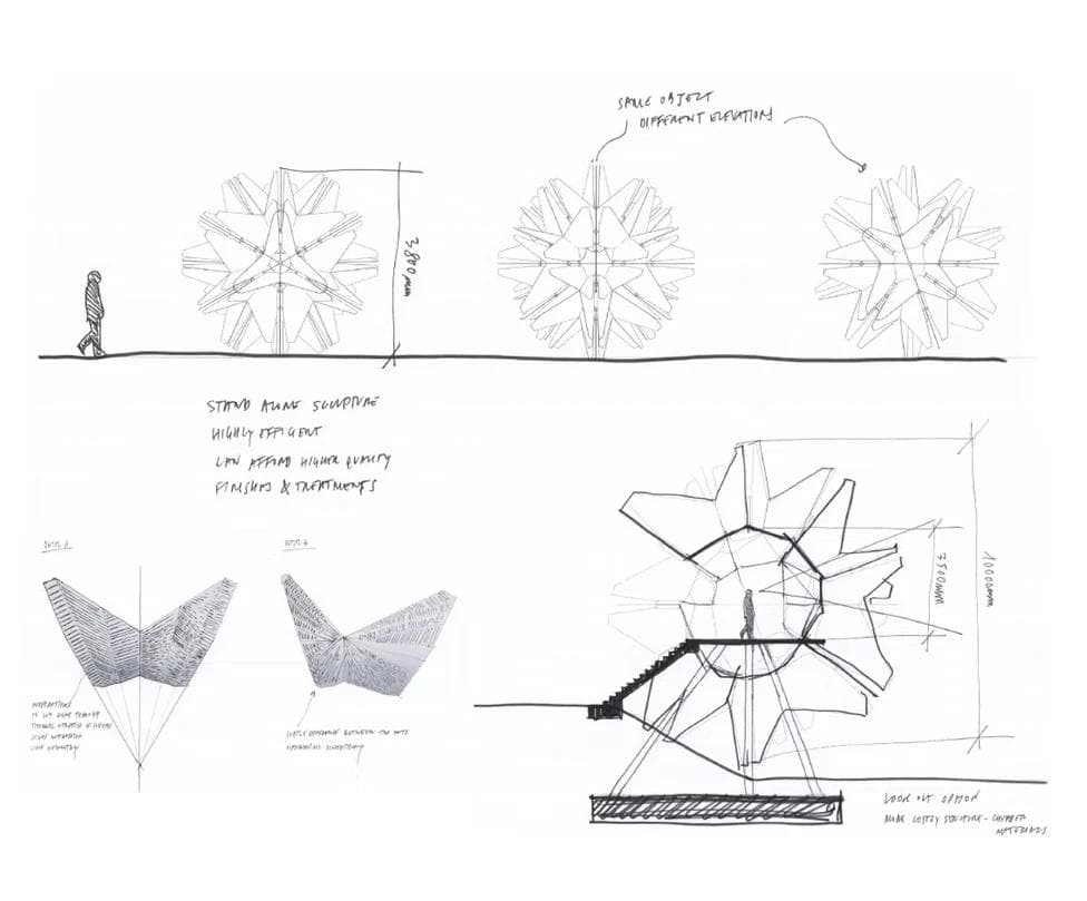 The original sketch drawings of the Alpine Flower Sun installation.