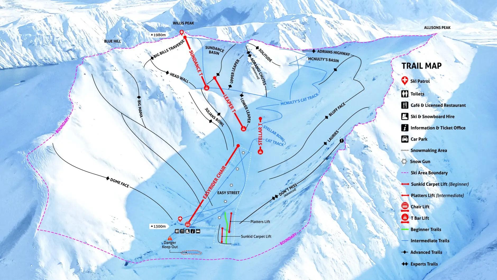 Porters complete trail map showing all ski runs and lifts