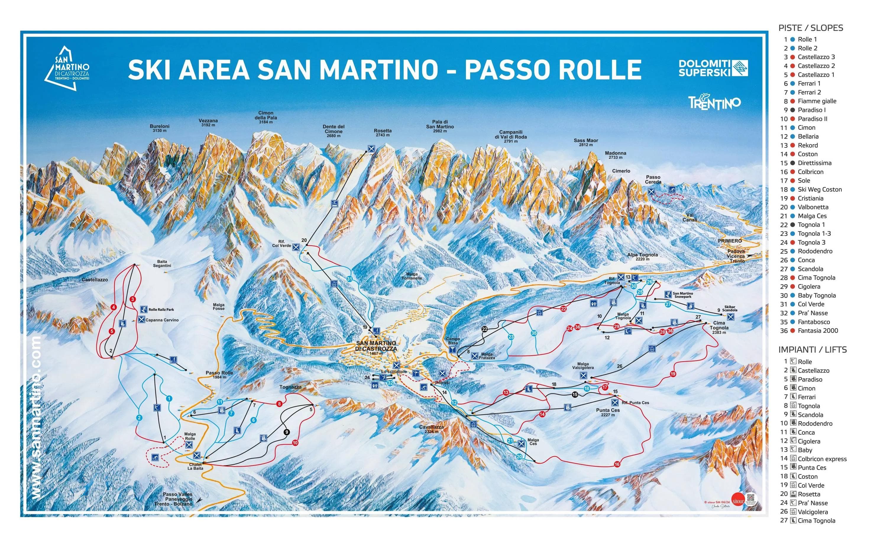 San Martino di Castrozza complete trail map showing all ski runs and lifts
