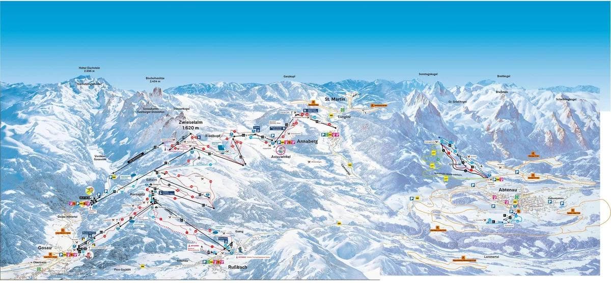 Dachstein West complete trail map showing all ski runs and lifts