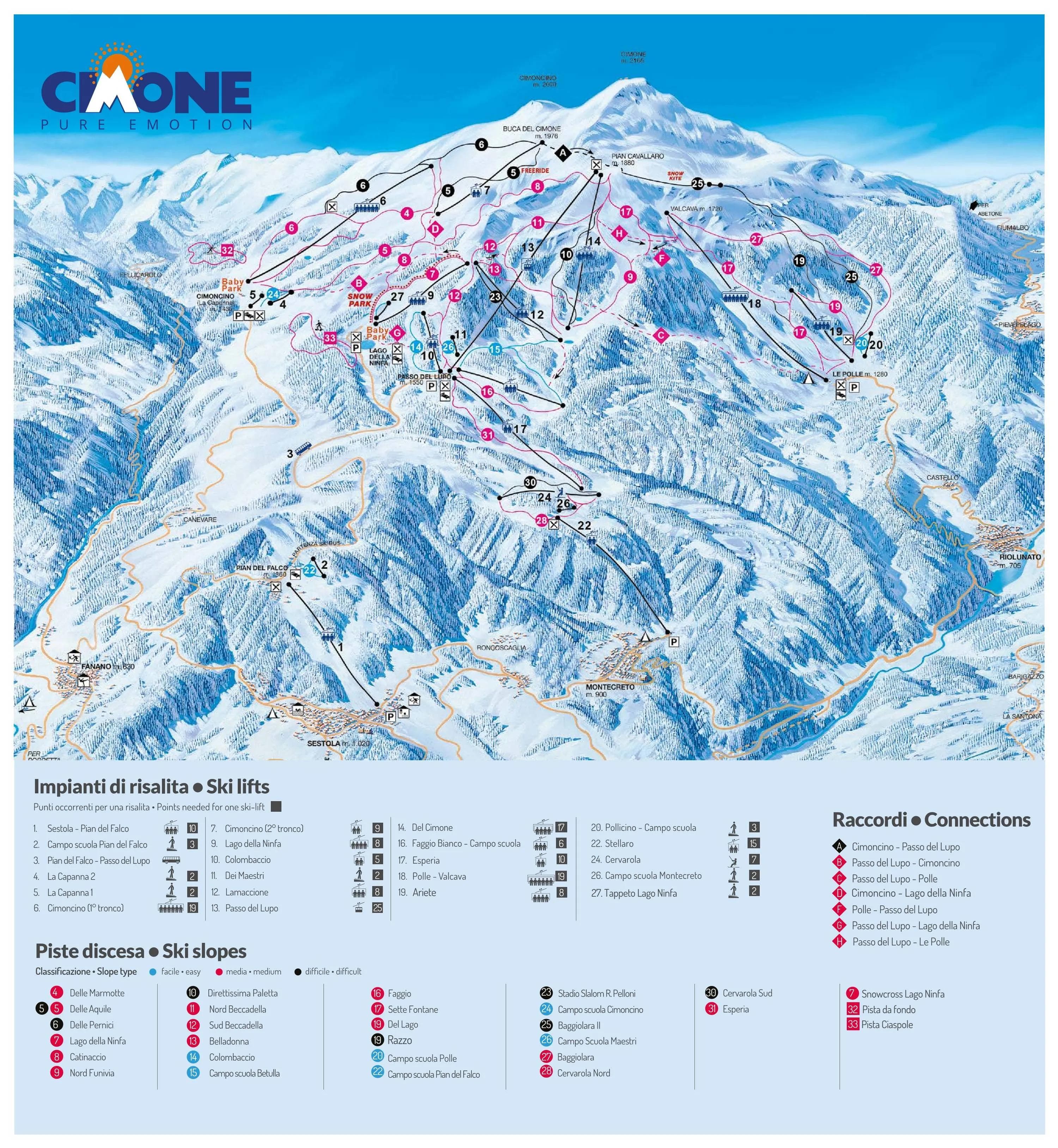 Cimone complete trail map showing all ski runs and lifts
