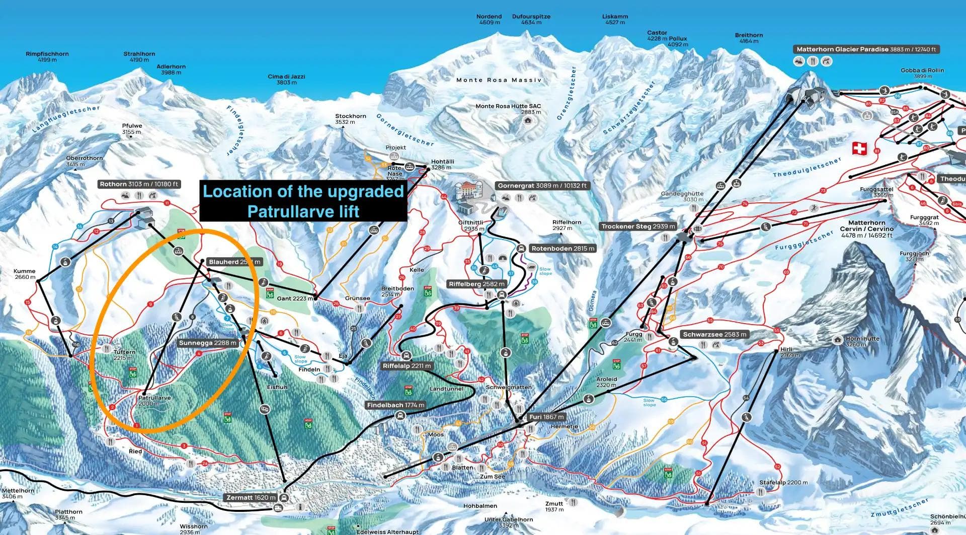 The trail map at of Zermatt showing the location of the upgraded Patrullarve lift.