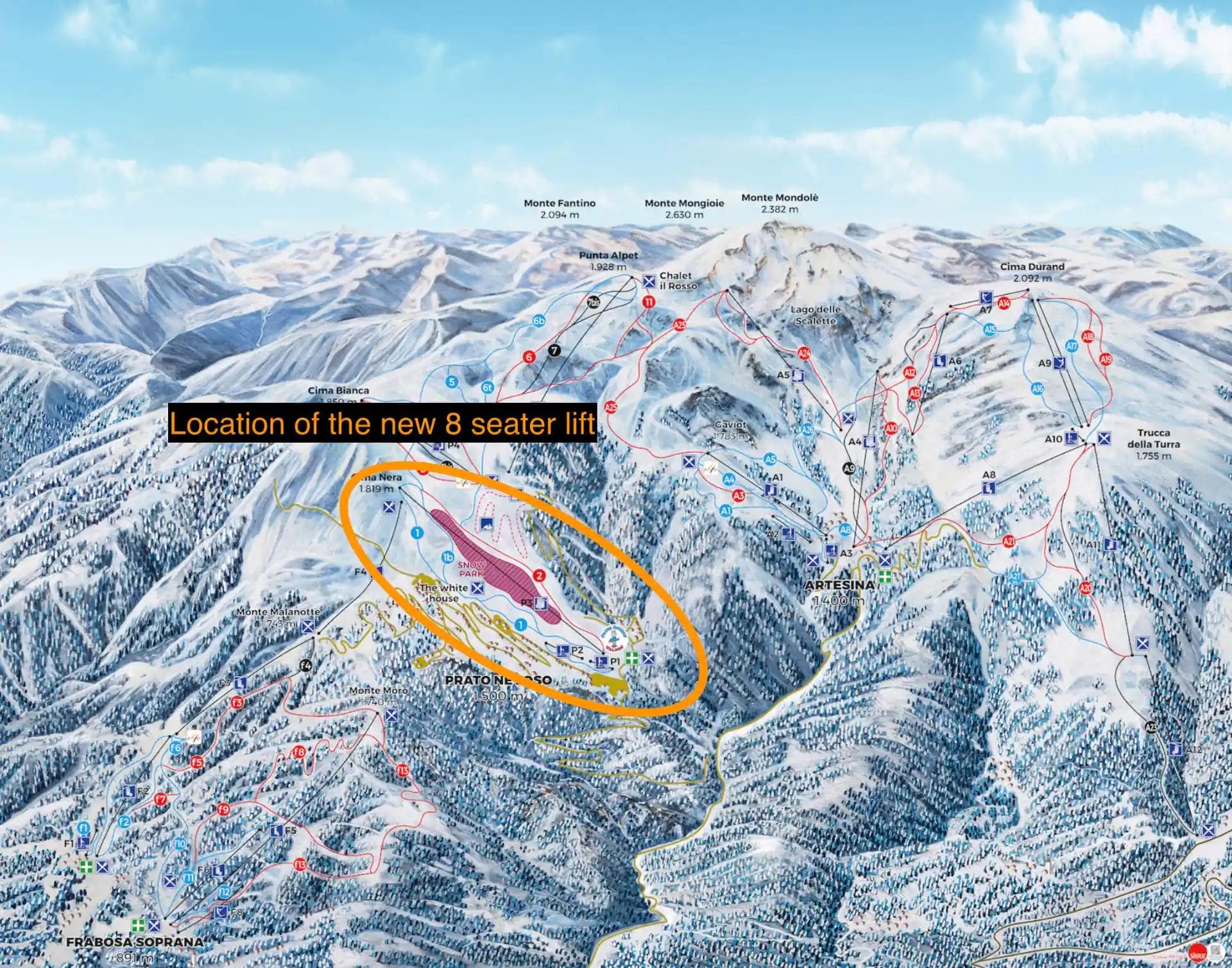 The location of the new lift at Prato Nevoso ski resort.