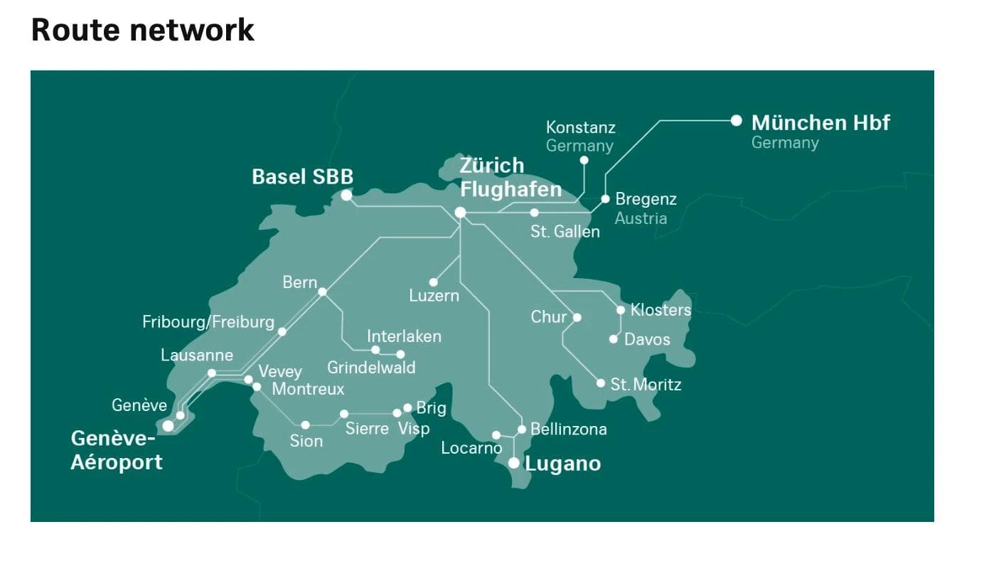 The route map of where SBB can take you in Switzerland from Zurich and Geneva.