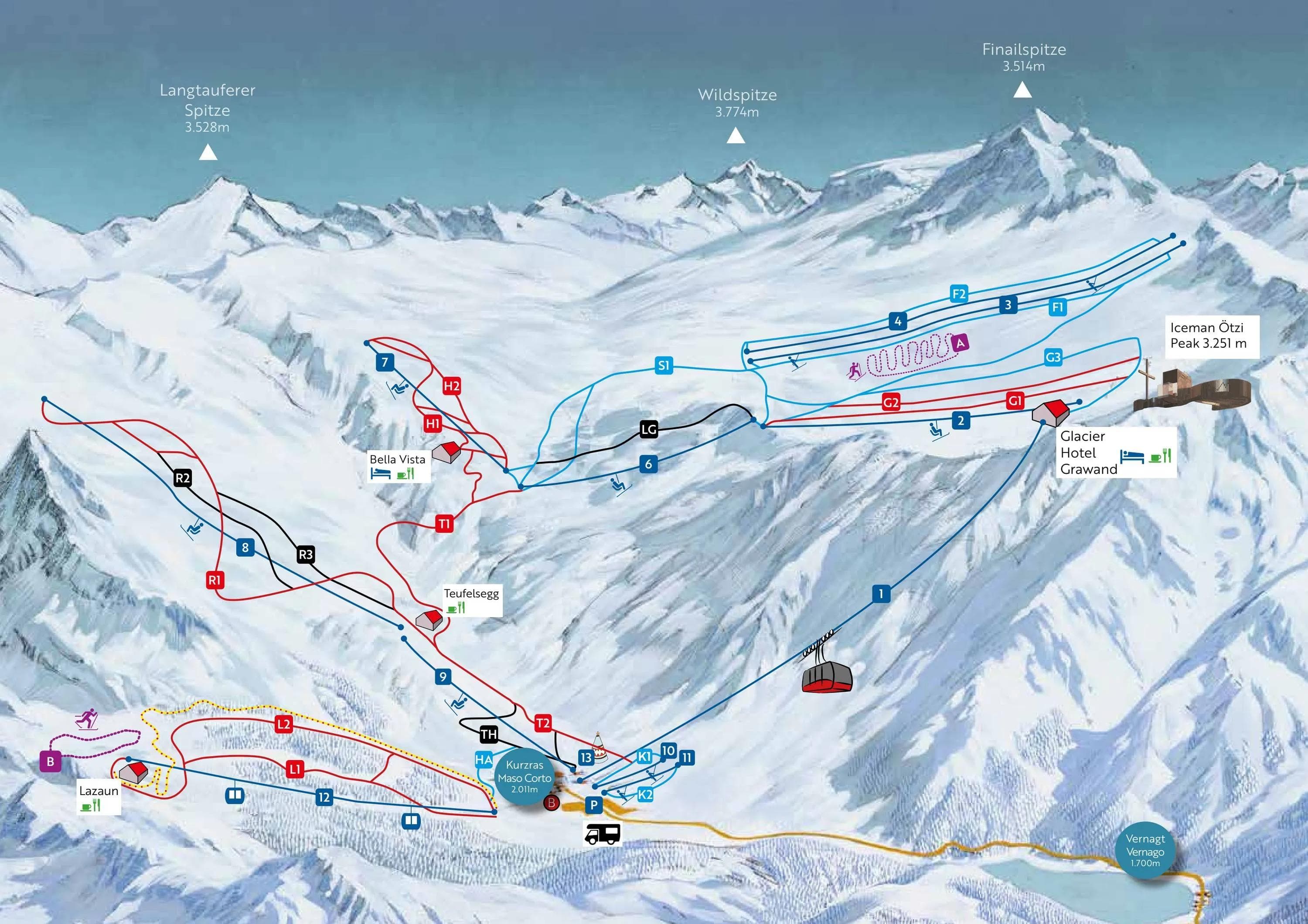 Schnalstal Glacier complete trail map showing all ski runs and lifts