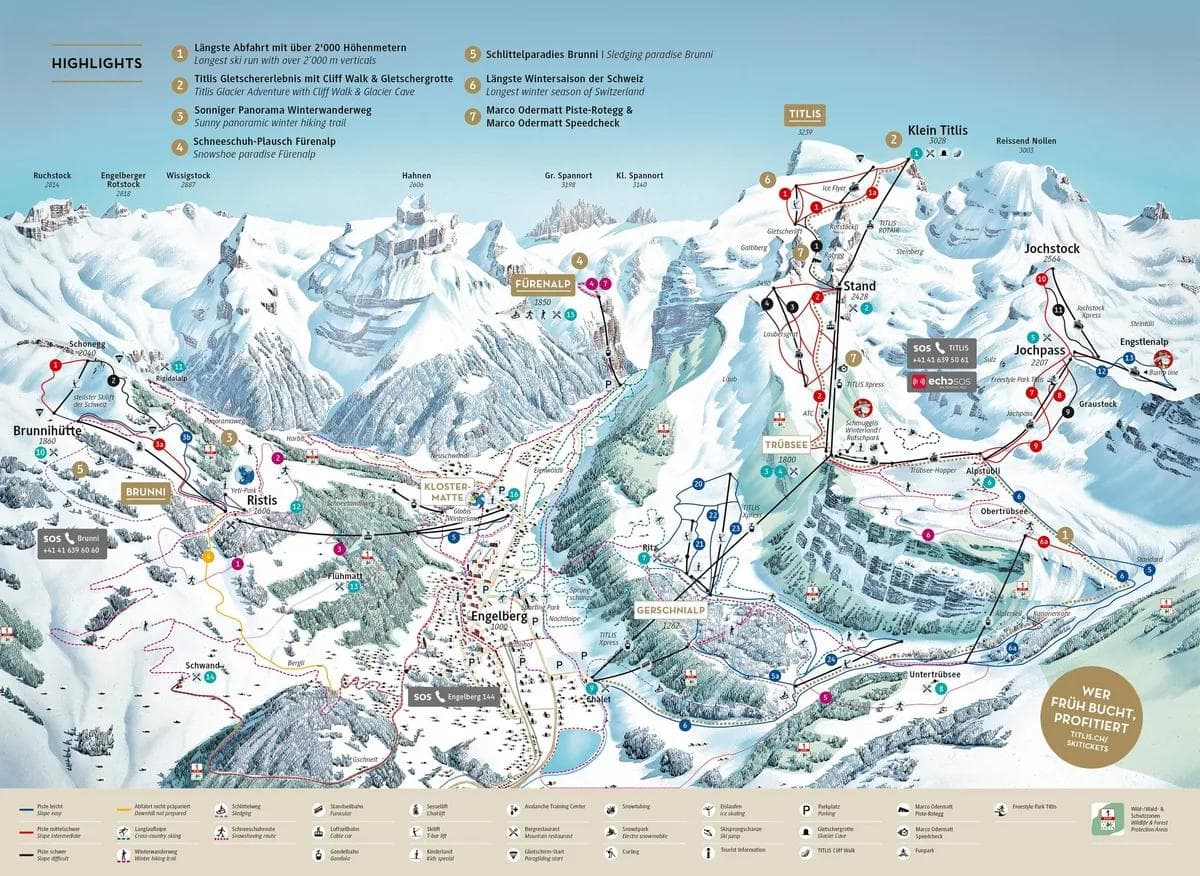 Titlis - Engelberg complete trail map showing all ski runs and lifts