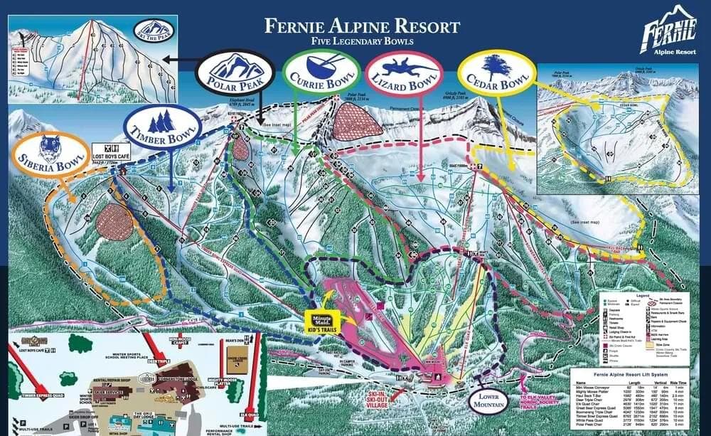 Fernie Alpine Resort complete trail map showing all ski runs and lifts