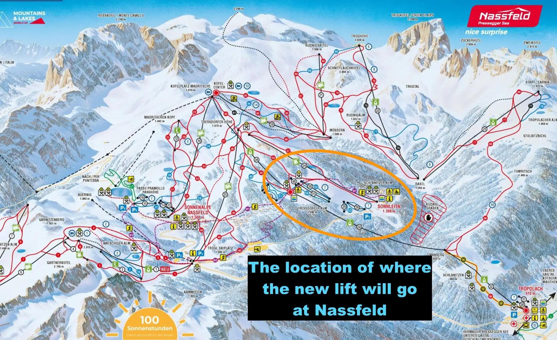 Showcasing the location of the new lift on the Nassfeld Trail Map