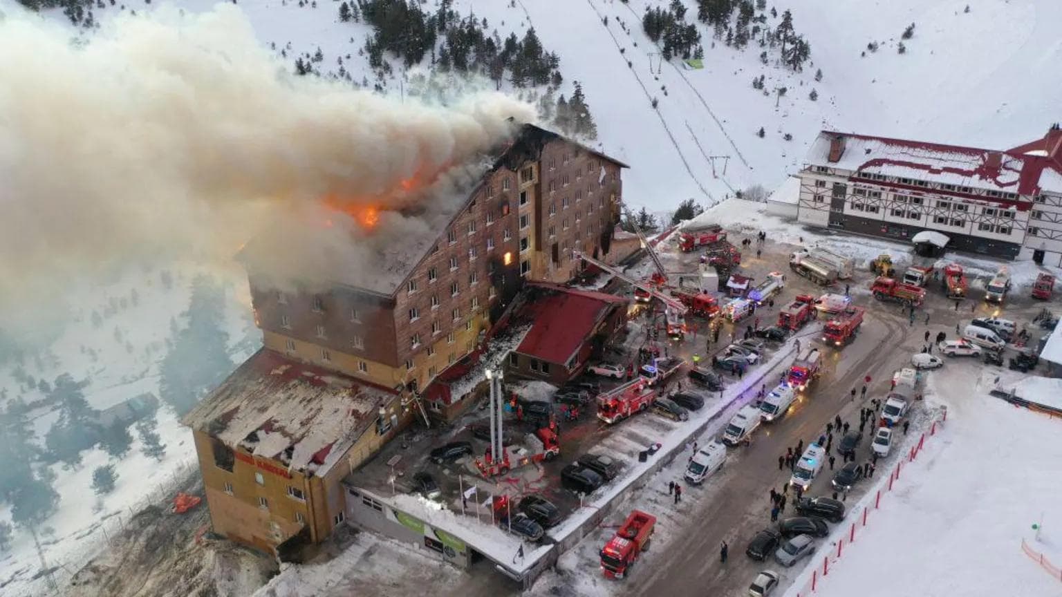 A drone shot of the hotel shows the devastation caused.