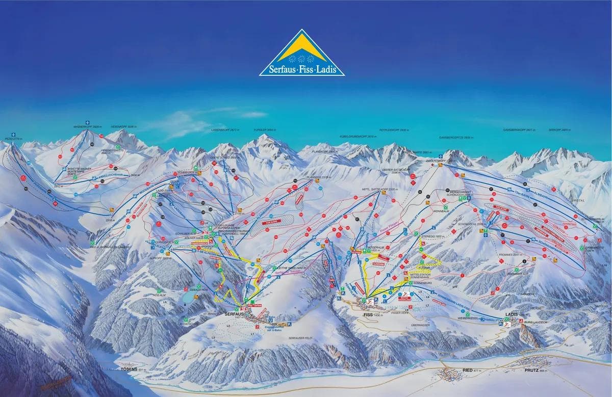Serfaus / Fiss / Ladis complete trail map showing all ski runs and lifts
