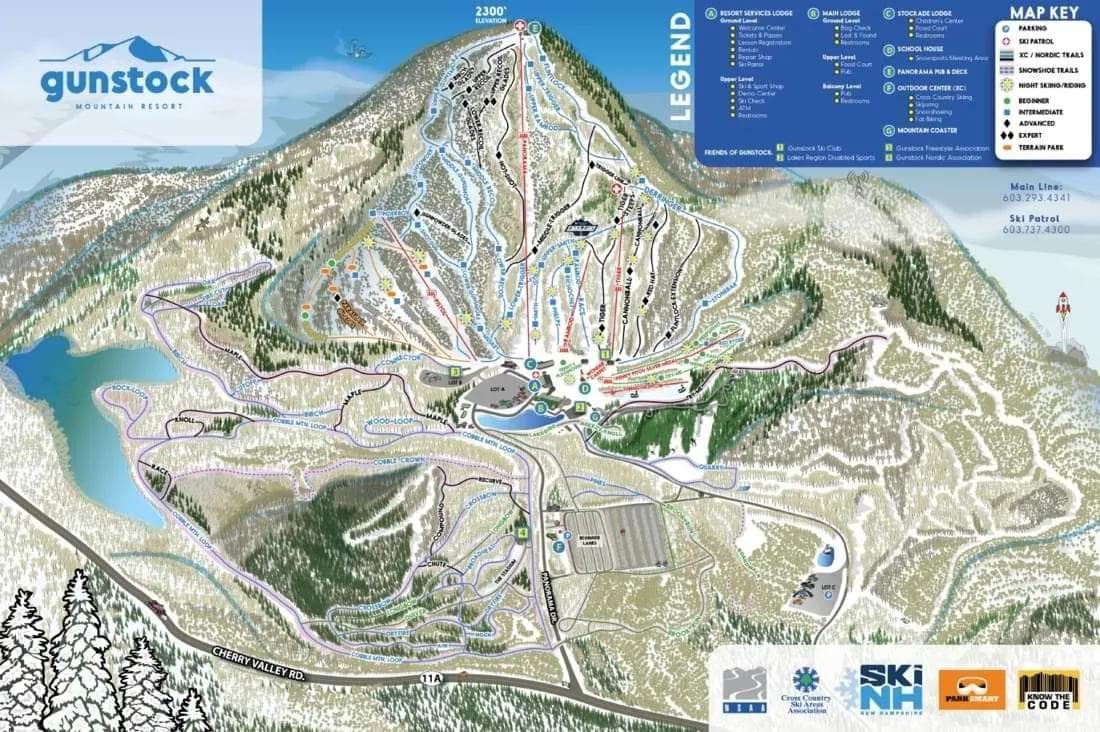 Gunstock complete trail map showing all ski runs and lifts