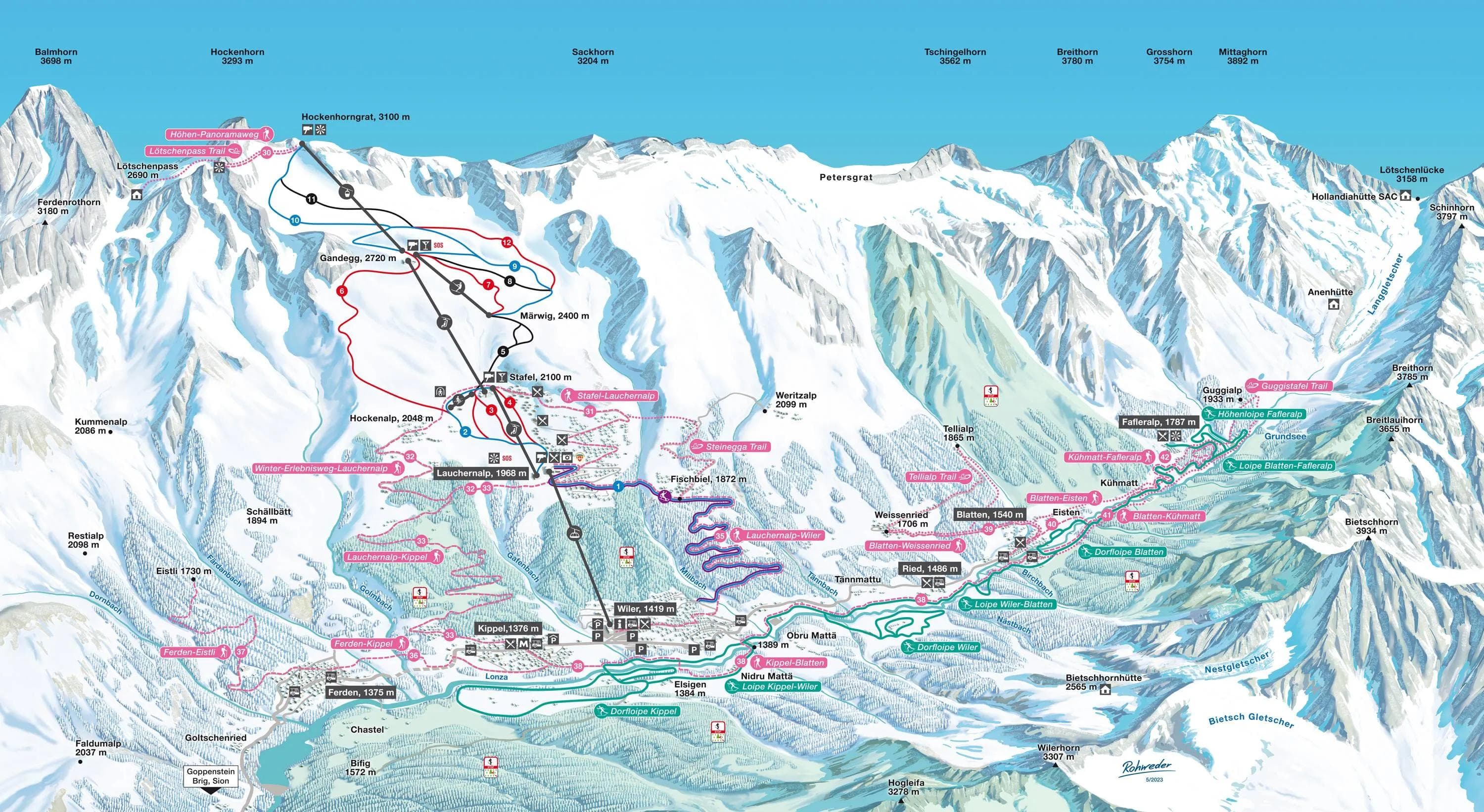 Lauchernalp complete trail map showing all ski runs and lifts