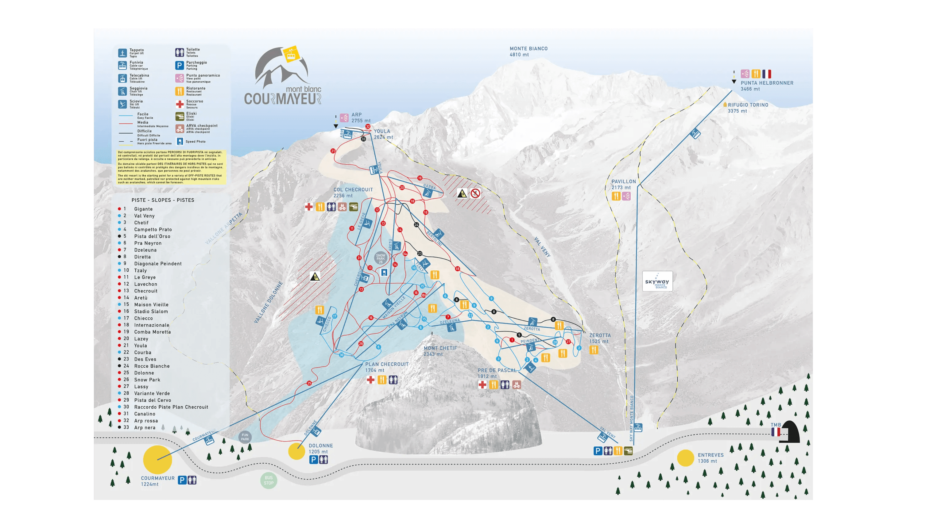 Courmayeur complete trail map showing all ski runs and lifts