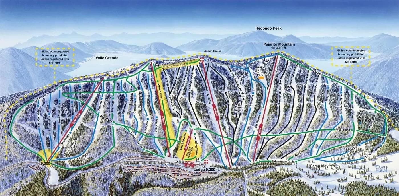 Pajarito Mountain complete trail map showing all ski runs and lifts