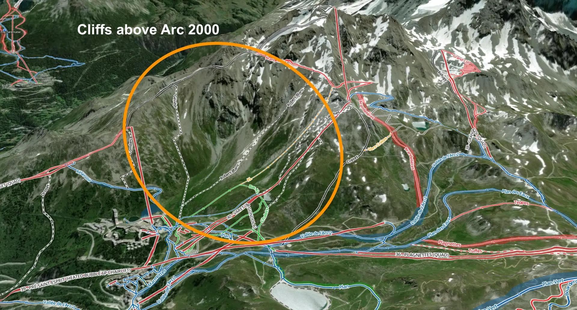 The cliffs above Arc 2000 where the skier fell.